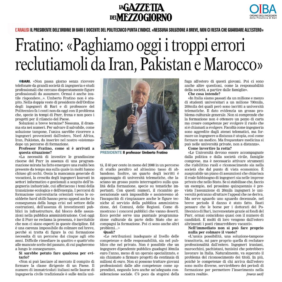 OrdIngBari's tweet photo. Sulle pagine della #GazzettadelMezzogiorno di oggi, un’interessante intervista al presidente dell’Ordine degli #Ingegneri della provincia di #Bari, prof. Umberto Fratino, sulla carenza di ingegneri, soprattutto alla luce degli impegni necessari con il #Pnrr. https://t.co/0S8uNwjQvV
