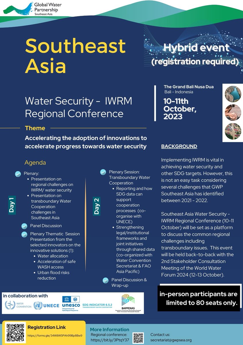 UNECE_Water's tweet photo. 🌏💧Join us in person in Bali / virtually: '#SoutheastAsia #Water Security IWRM Regional Conference'

🗓️10-11 Oct (@WWaterForum10 2nd prep meeting 12-13)

🤝@gwpsea @FAOAsiaPacific @unescoWATER @bappenasRI

🎯Focus on #transboundary #watercooperation &amp; SDG 652

ℹ️QR code in flyer https://t.co/Wm6GFEuwxr