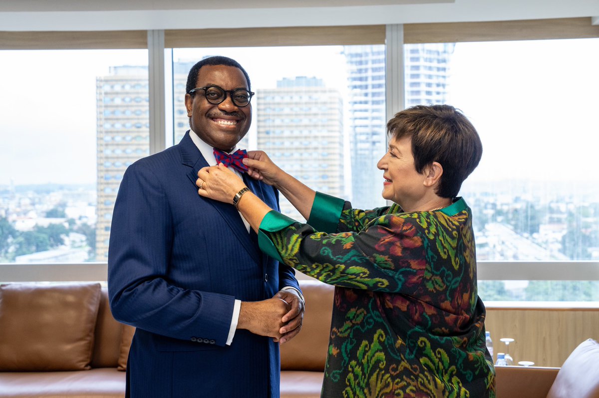 KGeorgieva's tweet photo. Wonderful to see dear @akin_adesina &amp; proud to be the first IMF MD to visit the @AfDB_Group office in Abidjan.  
We discussed the opportunities for African economies &amp; how our organizations can continue to work together to make this truly the African century. https://t.co/pz65izO7mz