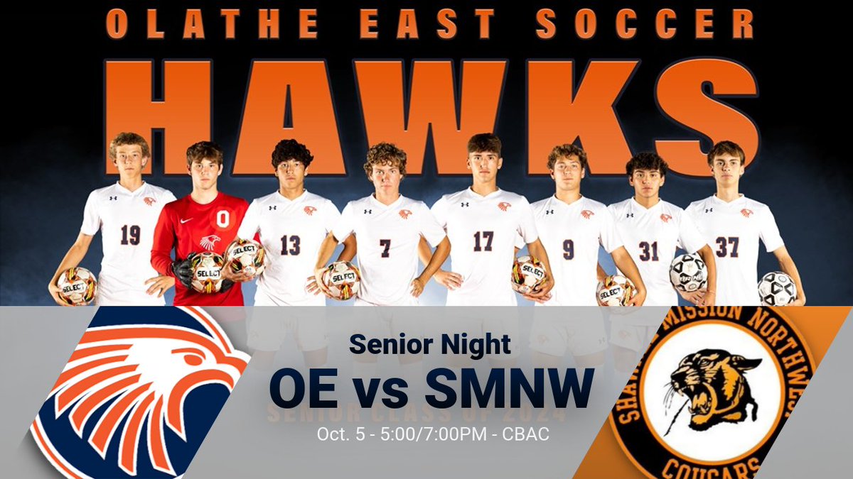 It's Senior Night for <a href="/OlatheESoccer/">Olathe East Soccer</a> as they take on SM Northwest.   Come out to support and honor our Hawks!  @OlatheEasthHawks <a href="/AvenaSports/">Avena Sports</a>