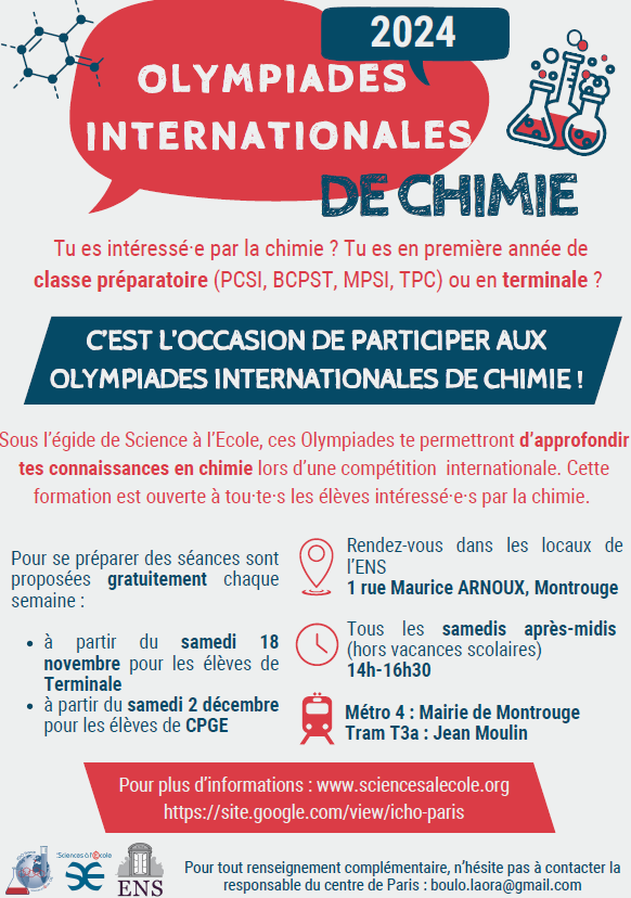 Les inscriptions pour la préparation #IChO dans <a href="/Academie_Paris/">Académie de Paris</a>,c'est parti !
Suivez un enseignement de qualité et représentez la France dans cette compétition internationale!
sites.google.com/view/icho-paris

<a href="/education_gouv/">Ministère Éducation nationale</a> <a href="/ENS_ULM/">École normale supérieure | PSL</a> <a href="/ENCPB/">ENCPB Paris</a> @reseauSCF  <a href="/Maison_Chimie/">Maison de la Chimie</a> #nuvisan <a href="/Casden_BP/">CASDEN</a>