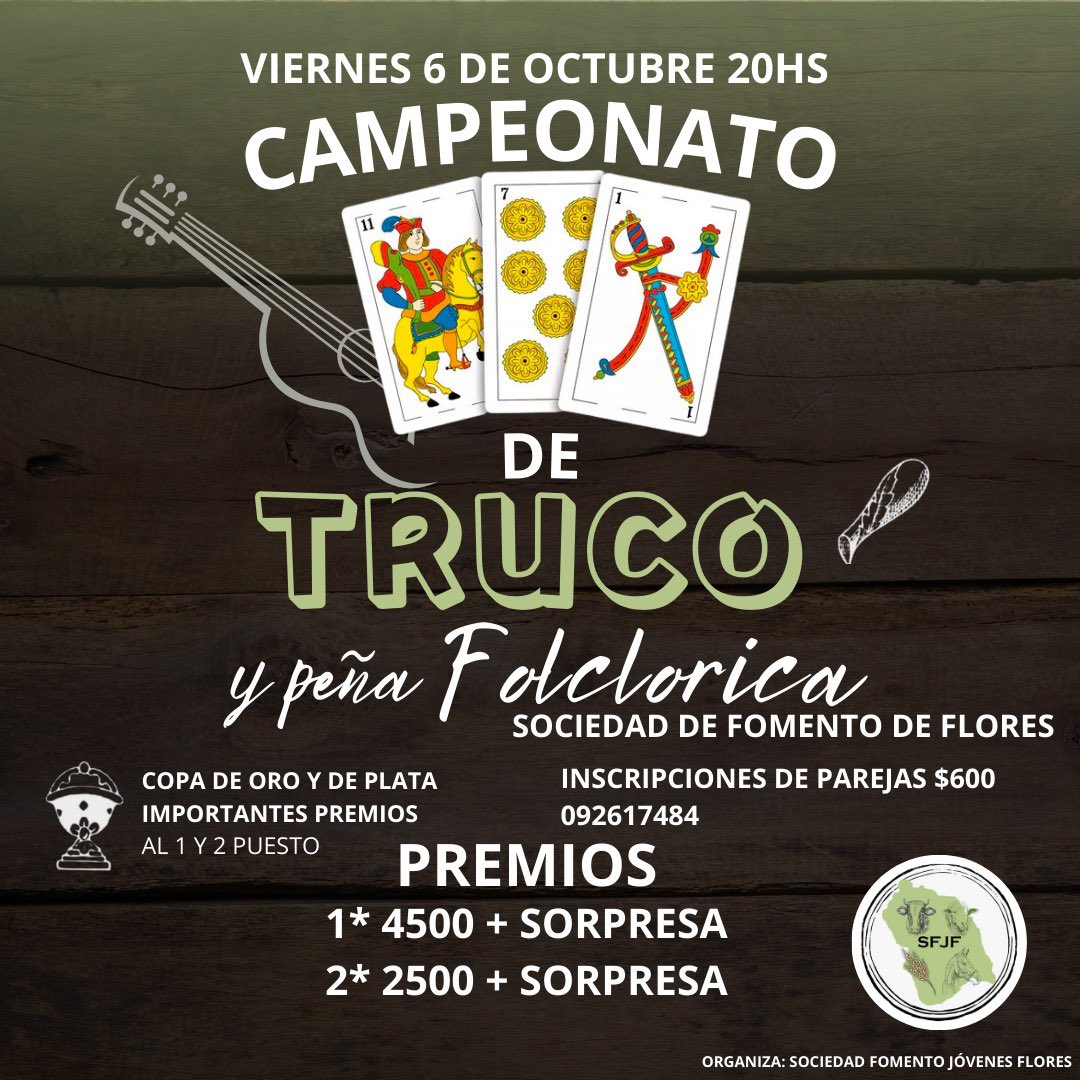 Todos invitados a la PEÑA Y TRUCO de los jóvenes de la sociedad fomento de flores este viernes 6 de Octubre desde las 20hs. Venta de comida, servicio de bar, importantes premios y destacados artistas. Inscripciones al 092617484.
¡¡LOS ESPERAMOS!!