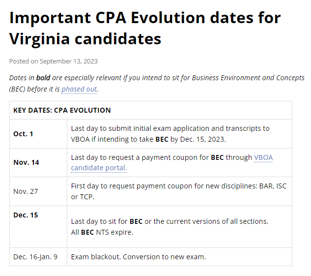 The end of BEC is almost here. If you still want to take it, be aware of these import #CPAEvolution dates in Virginia: boa.virginia.gov/2023/09/import…