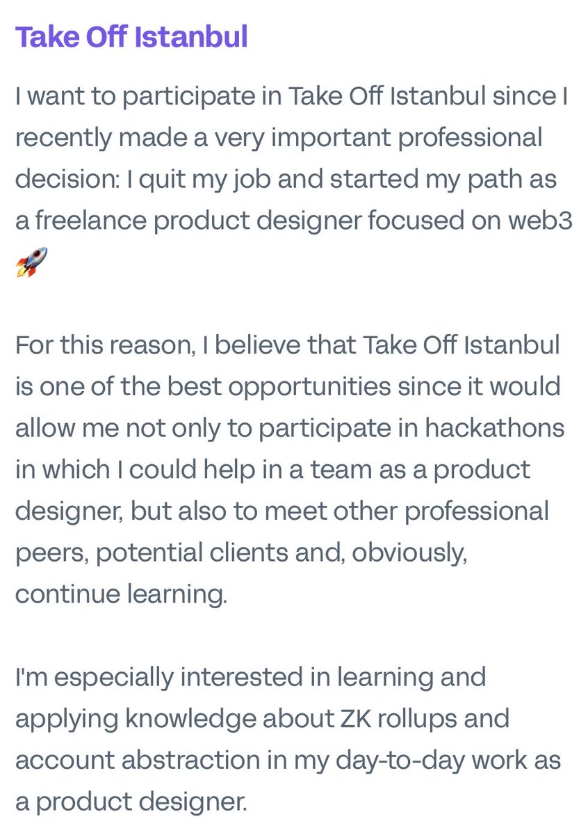 matut_eth's tweet photo. Hey 👋

I've applied for the @TakeOffWeb3 scholarship for @EFDevconnect in Istanbul 🇹🇷, and I need your support! 🛫

I want to go and participate of @ETHGlobal Istanbul Hackathon as a product designer 

Can you help me with your vote? 👇

https://t.co/vGKYmB3UZe https://t.co/F9M1xm4hJS