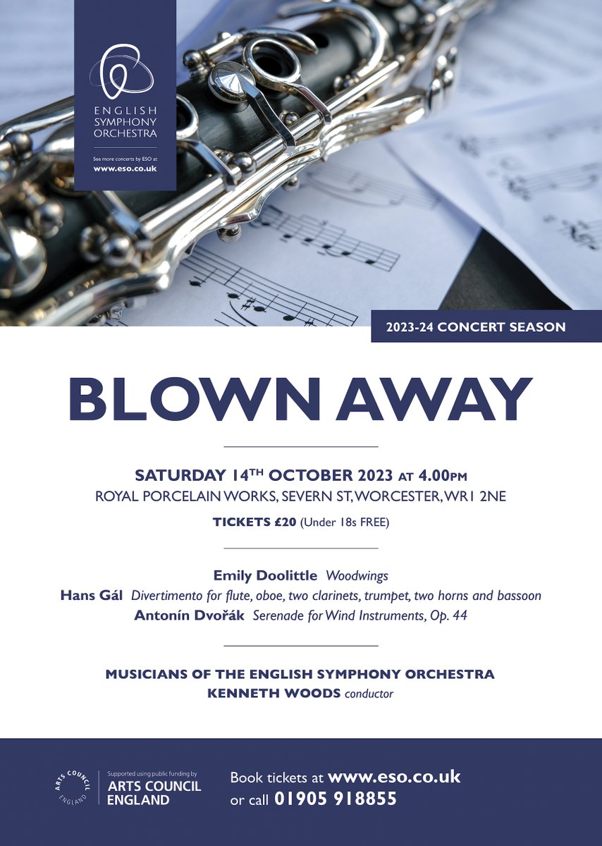 Our season-opening concert! 🎶🤩 Join us on 14th October @RPWWorcester at 4pm. Music by @emily_doolittle, Gál & Dvořák Find out more & get your tickets from eso.co.uk/blown-away-14-… #WorcestershireHour #Worcester #FreeforKids #music #concert