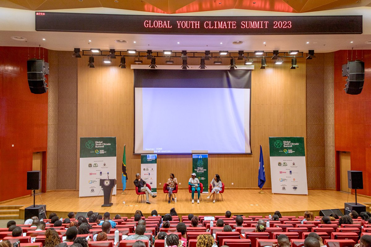 Saqib Huq, Assistant Director of <a href="/ICCCAD/">ICCCAD</a>, moderating an engaging conversation on day 2 of #GYCS2023 on youth in climate action with Fanta Camara, social entrepreneur from Senegal, and GYLC Youth Climate Champions Beatrice Phiri from Guinea and Samantha Ramadhanti from Indonesia.