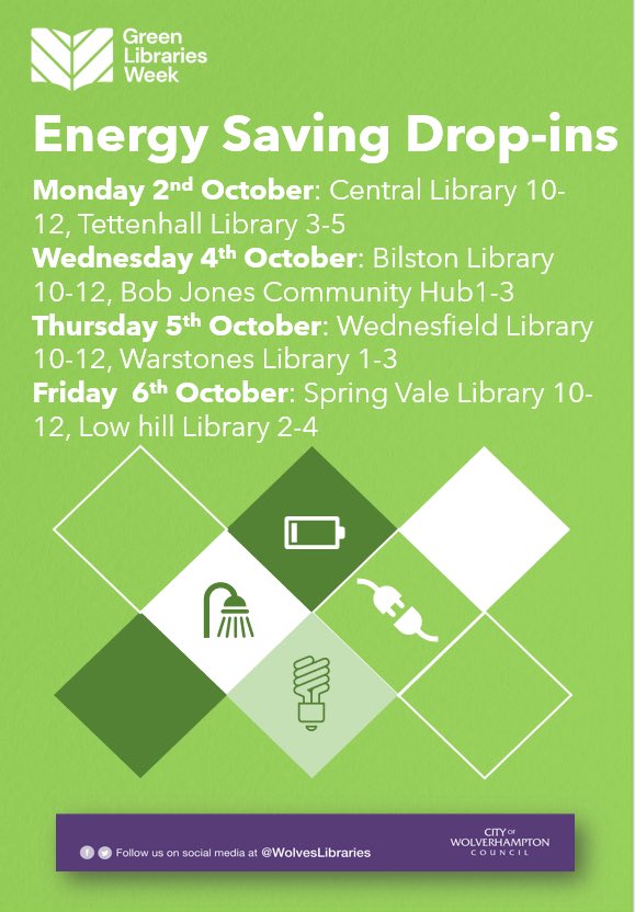 Our @WolvesHomes Energy Adviser is on a roll this Green @librariesweek catch her again this afternoon @WolvesLibraries Warstones 1pm-3pm to find out more on energy / water saving advice & grab yourself some free goodies. For more drop-in events near you check the poster attached