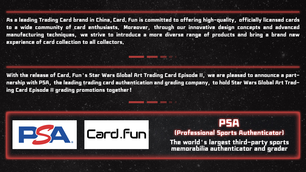 CardFunOfficial's tweet image. Calling all @StarWars fans! 🔔We&apos;re partnering with @PSACard for  Star Wars Global Art Trading Card Episode II grading promotions. 🤩Score a PSA 10 and get 1/1 parallel cards or limited PR promos! 👇 Click for details. #StarWarsCards #CardGrading