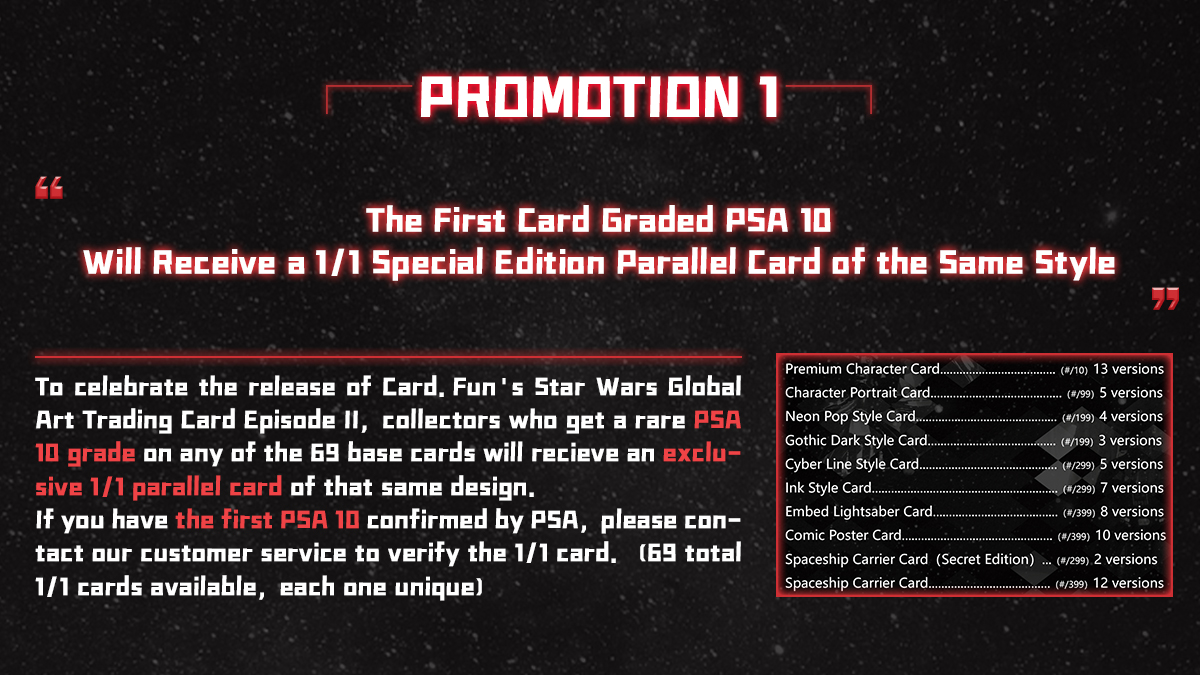 CardFunOfficial's tweet image. Calling all @StarWars fans! 🔔We&apos;re partnering with @PSACard for  Star Wars Global Art Trading Card Episode II grading promotions. 🤩Score a PSA 10 and get 1/1 parallel cards or limited PR promos! 👇 Click for details. #StarWarsCards #CardGrading