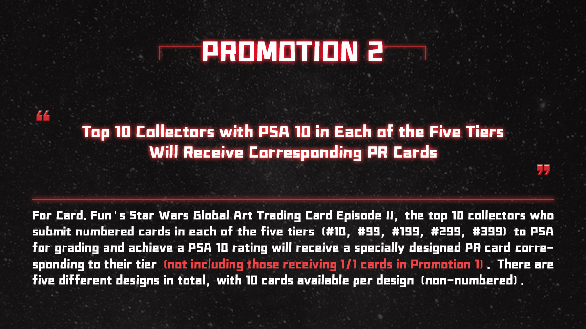 CardFunOfficial's tweet image. Calling all @StarWars fans! 🔔We&apos;re partnering with @PSACard for  Star Wars Global Art Trading Card Episode II grading promotions. 🤩Score a PSA 10 and get 1/1 parallel cards or limited PR promos! 👇 Click for details. #StarWarsCards #CardGrading
