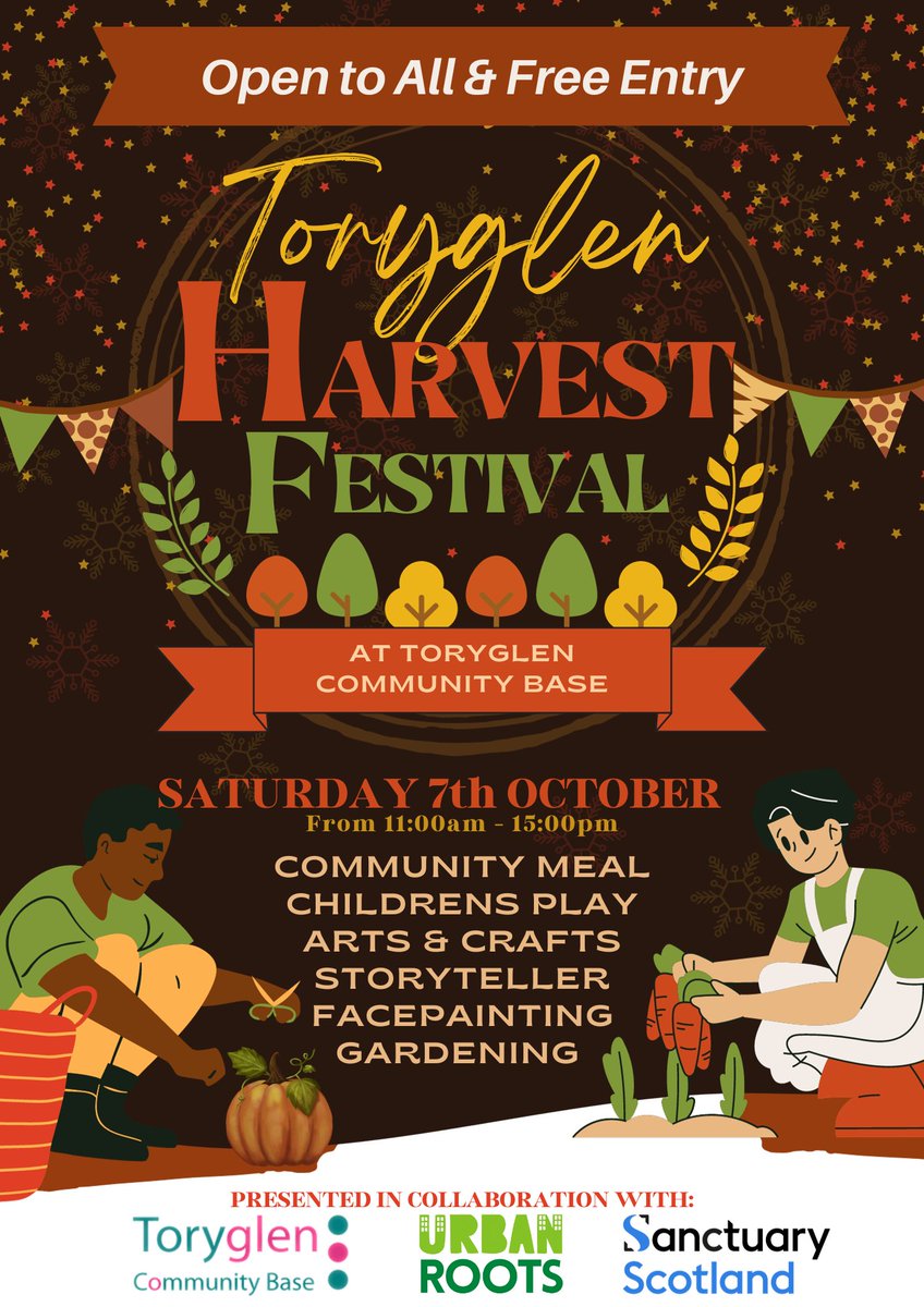 We are looking forward to our Harvest Festival this Saturday.
It's a brilliant collaboration with the Toryglen Community Base
We will have lots of great activities, including woodland play, arts and crafts, face-painting as well as the community meal.
Join us between 11am and 3pm