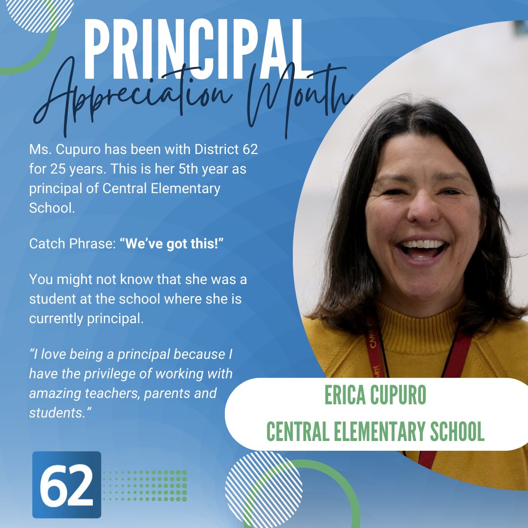 62schools's tweet photo. Today, in honor of Principal Appreciation Month, we say thank you to Central Elementary School Principal Erica Cupuro! District 62 appreciates you! #62united #62learns #62CE https://t.co/5uRzZXu5Ai