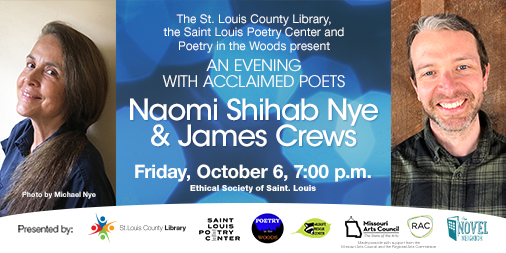 Join us for a conversation on nature, wildness & mindfulness through the lens of poetry with acclaimed poets and St. Louis natives Naomi Shihab Nye and James Crews this Friday at @EthicalStL. Presented with @RACStLouis @MoHumanities @novelneighbor slcl.org/authors