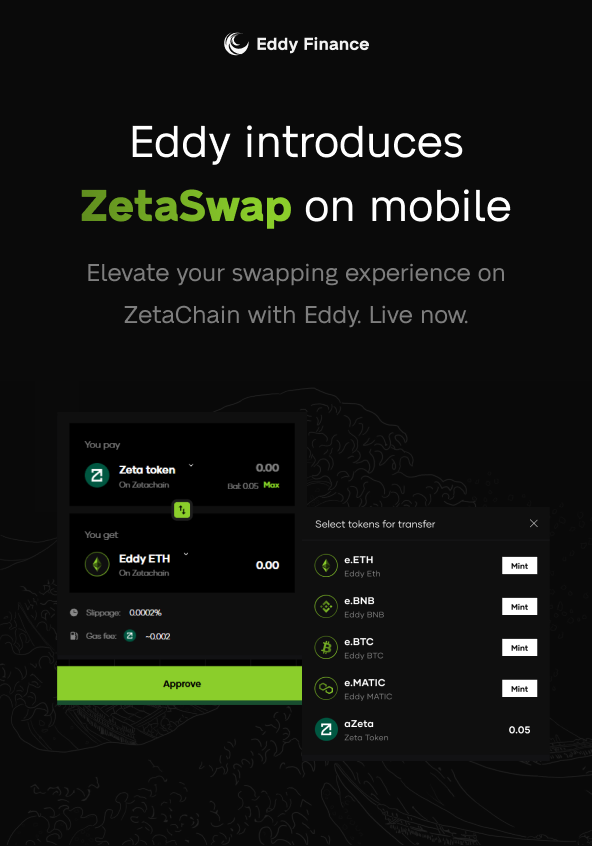 eddy_protocol's tweet photo. Ahoy Mariners  ⚓,

We are excited to announce the launch of ZetaSwap on Eddy Finance mobile version 📱🚀
With this feature, we are empowering @zetachain to make swaps within the chain and then withdraw the assets to native chains ⛓.

Get your mobiles ready and visit https://t.co/Ivpr7AlL9n to get started. 🌊

Follow these simple steps and add even more points to your rewards:
1. Claim Zeta from the Eddy Faucet
2. Claim Eddy Testnet tokens 
3. Visit ZetaChain Swap section
4. Enter the values and submit the transaction on ZetaChain