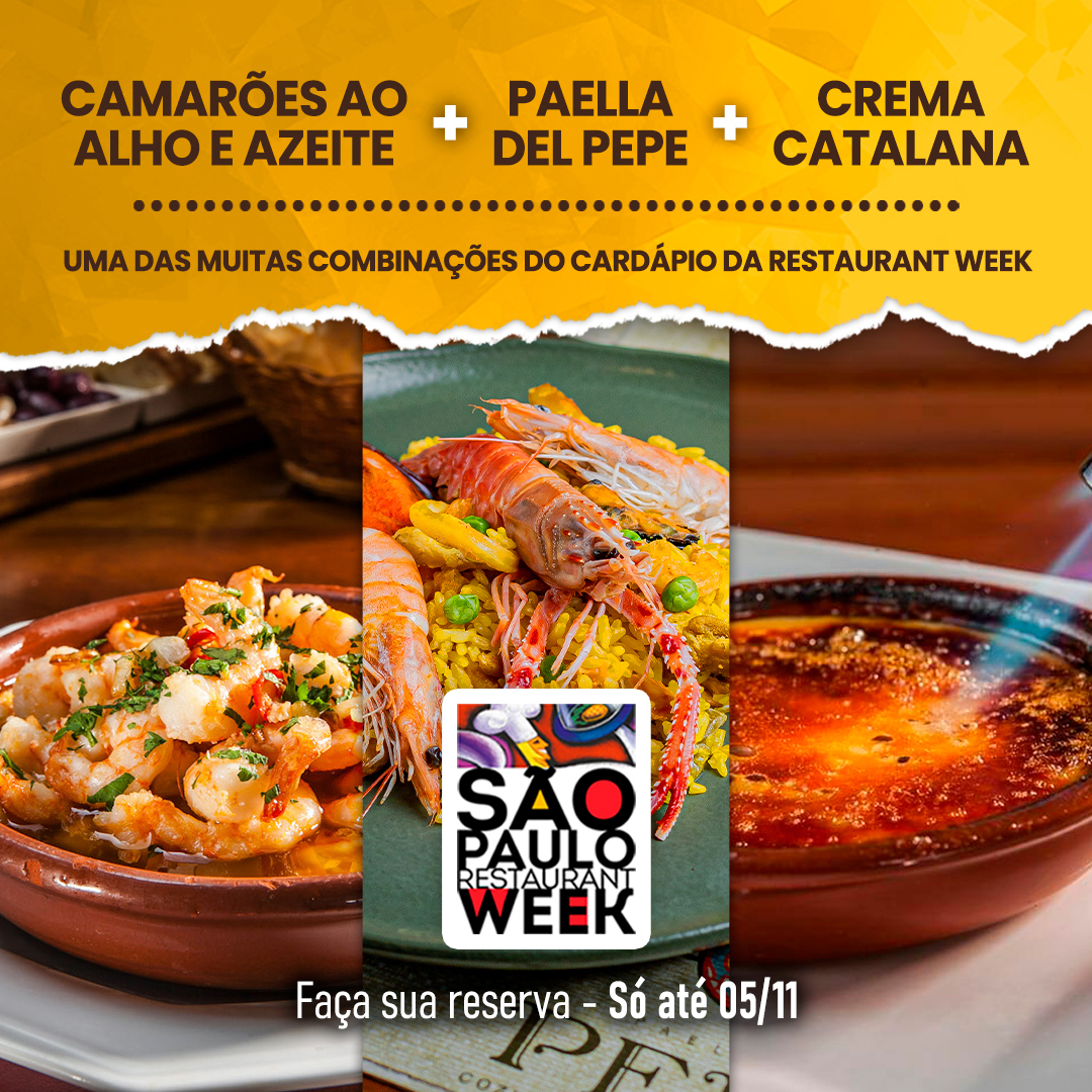 Venha para a Restaurant Week e faça a sua combinação perfeita com os melhores pratos do Paellas Pepe. Com preço especial, R$ 68,90 no almoço e R$89,90 no jantar, você escolhe uma entrada, o prato principal e uma sobremesa.
.
 #cozinhaespanhola #restaurantesp
