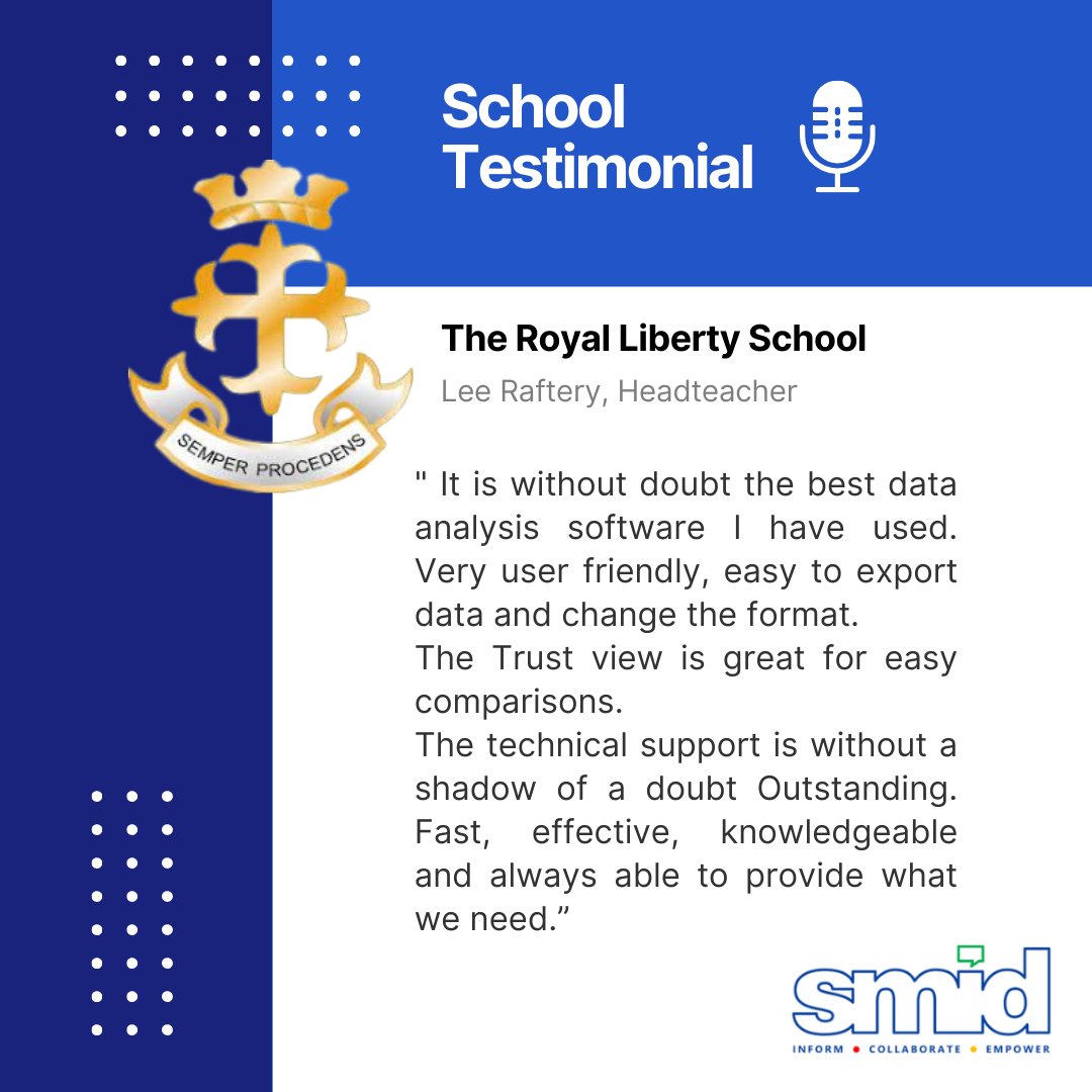 Fantastic feedback from Lee Raftery at The Royal Liberty School, one of the schools within the Successful For All Education Trust who use the SMID platform.🧑‍💻💫📊

Thank you, Lee!

#studentprogress #datatracking #smidreport