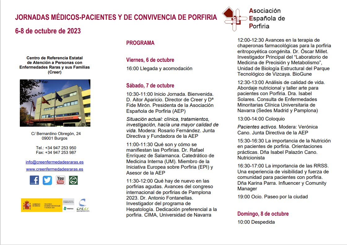 Subdelegación del Gobierno en Burgos (@burgos_gob) on Twitter photo 🤝 <a href="/CentroCREER/">Creer Imserso</a> acoge las Jornadas Médicos-Pacientes y de Convivencia de la <a href="/porfiria_org/">Asociación Porfiria</a> del 6 al 8 de octubre las Jornadas Médicos-Pacientes y de Convivencia de Porfiria 🤝 <a href="/CentroCREER/">Creer Imserso</a> acoge las Jornadas Médicos-Pacientes y de Convivencia de la <a href="/porfiria_org/">Asociación Porfiria</a> del 6 al 8 de octubre las Jornadas Médicos-Pacientes y de Convivencia de Porfiria