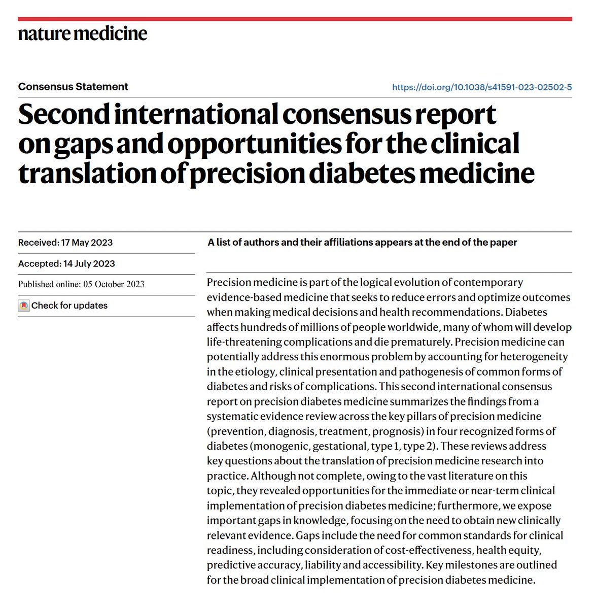 Delighted to see this out today, coinciding with the #EASD2023 Precision Medicine in Diabetes Session

A massive effort from >200 scientists to define gaps and opportunities for the clinical translation of precision diabetes medicine

nature.com/articles/s4159…

Key takeaways below: