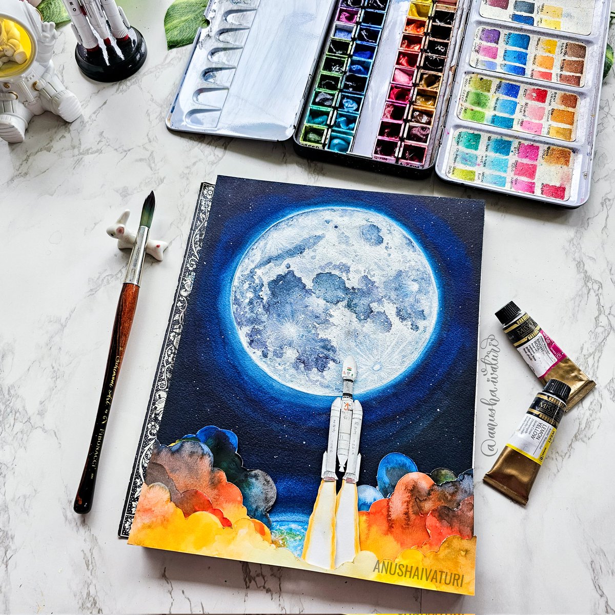 AnushaIvaturi's tweet photo. Day 5: Moon #SpacetoberChallenge 
One of my recent paintings inspired by the ISRO Chandrayaan3 mission, I love how the moon turned out! 😍

 #moonpainting #Moon #isrochandrayaan3 #chandrayan3 #spacetober2023 #spacetoberchallenge_03 #spaceartist https://t.co/YJfkxKifYo