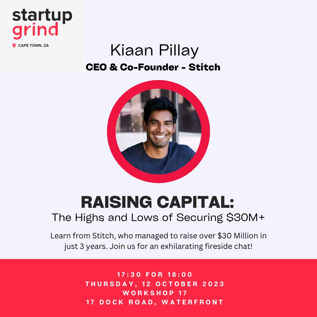 Join us at our upcoming Fireside Chat with Kiaan Pillay, Co-founder and CEO of Stitch. Dive deep into the world of financing on Thursday, 12th of October, 17:30 PM (SAST) at Workshop17 Waterfront. Find the link to RSVP  on our website now!