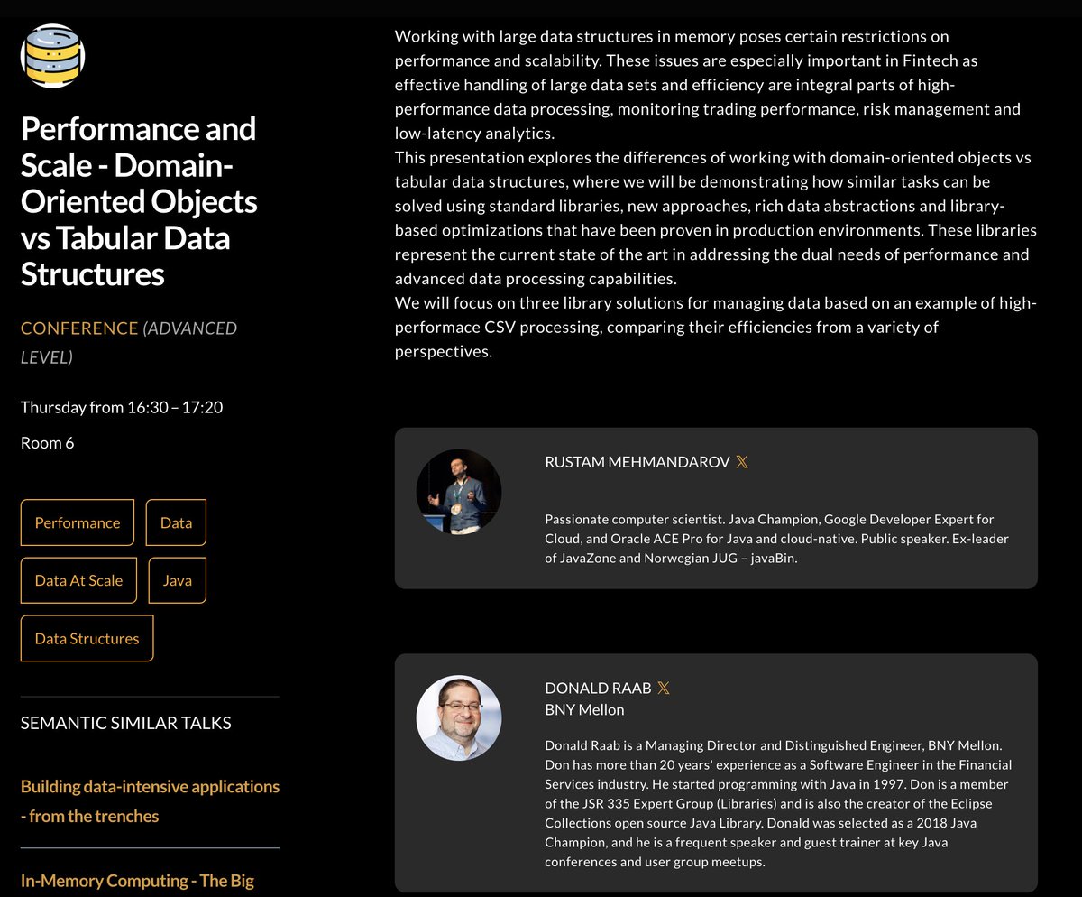 rmehmandarov's tweet image. Join our session today at Room 6 at 16:30 at @Devoxx Belgium. 🇧🇪
Memory and performance at scale with #Java:  Domain-Oriented Objects vs Tabular Data Structures.
@TheDonRaab and I will be there!