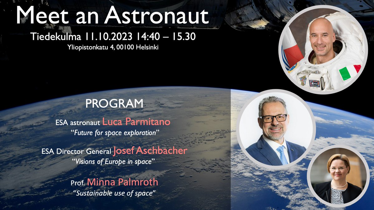 KumpulaScience's tweet photo. Meet an astronaut! 🌙🌕🛰️🚀🌟

@tiedekulma will host  #astronaut @astro_luca and Director General @AschbacherJosef from @esa with @MinnaPalmroth from @helsinkiuni next Wednesday.

11th of Oct at 14:40

Be there! 🤩

#space

Or follow the stream 👉 https://t.co/j7UkbR6Q1c https://t.co/p0jCMEHcBZ