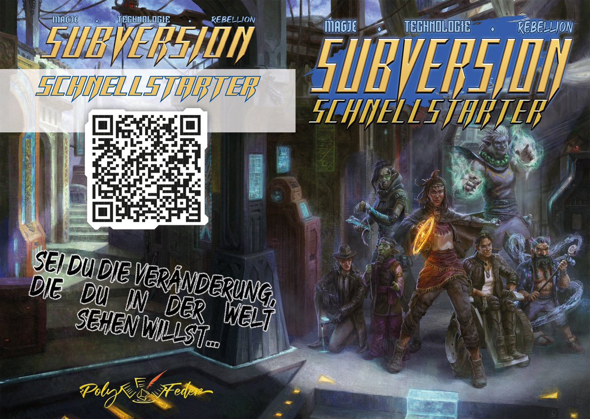 FragginUnicorns's tweet image. A hello from Essen (GamesCon) from @SchroedingersI and the Polyfeder Team. They are promoting the #SubversionRPG quickstart rules in german!!!