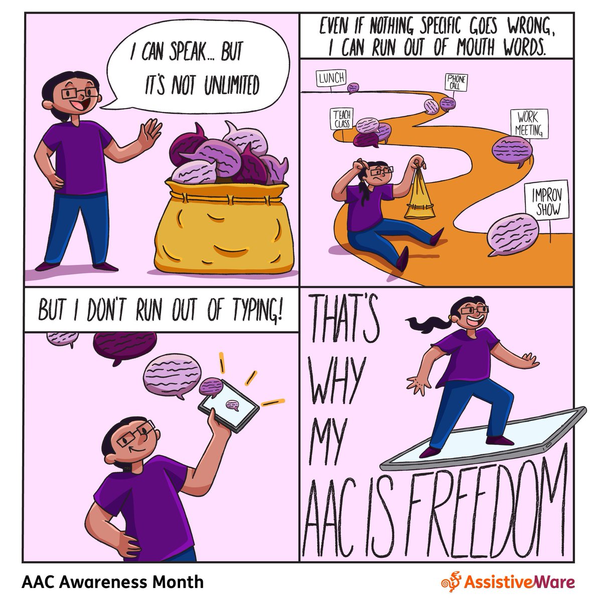 AssistiveWare (@assistiveware) on Twitter photo Some people use #AAC part-time. While spoken words might not be accessible, AAC is endless. Always being able to communicate is freedom! 
#WhatIsAACtoYou? Let us know below.
#AACAwarenessMonth23 #AACAwarenessMonth2023 #AACMonth Some people use #AAC part-time. While spoken words might not be accessible, AAC is endless. Always being able to communicate is freedom! 
#WhatIsAACtoYou? Let us know below.
#AACAwarenessMonth23 #AACAwarenessMonth2023 #AACMonth