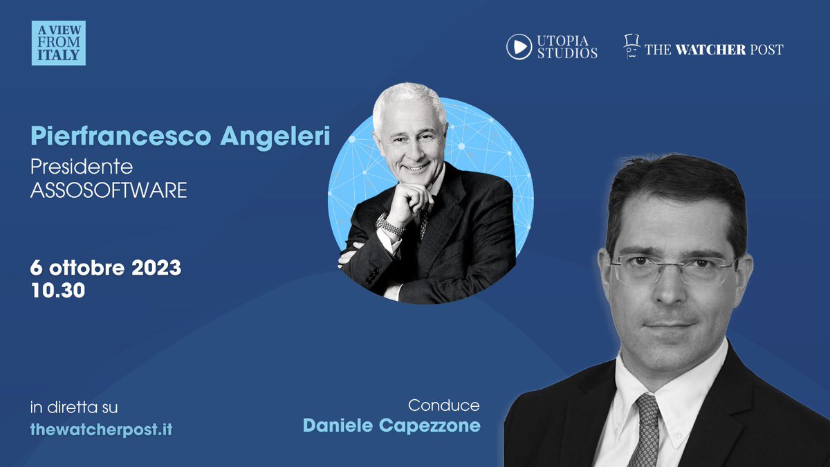 Utopia_lab's tweet image. A View from Italy #6ottobre 10:30 | Trasformazione digitale di imprese e Pubblica Amministrazione. A che punto è l&apos;Italia? Con Pierfrancesco Angeleri, Presidente #Assosoftware 

Conduce @Capezzone .

📺 bit.ly/3RoR3z4

@thewatcherpost powered by UTOPIA Studios.