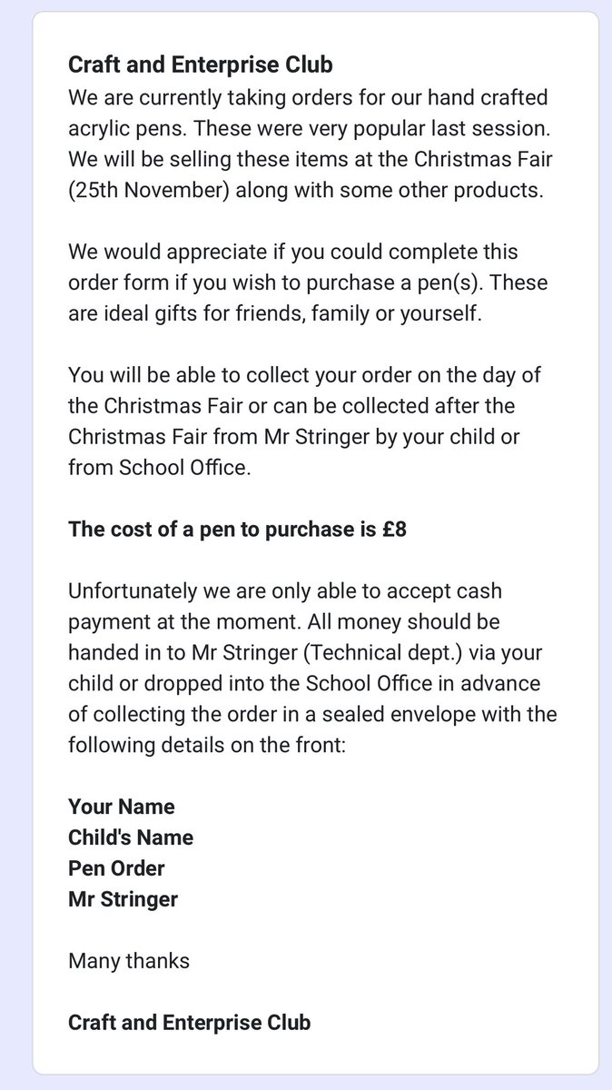 HolyCross_Tech's tweet photo. @holycrossham The Craft and Enterprise Club are taking orders for their hand crafted acrylic pens. More details can be found on the attachments. Orders can be placed using the following link: https://t.co/TXx6RnP5kf
Many thanks 
Mr Stringer 
On behalf of Craft and Enterprise Club https://t.co/JdJAFhs7Ml