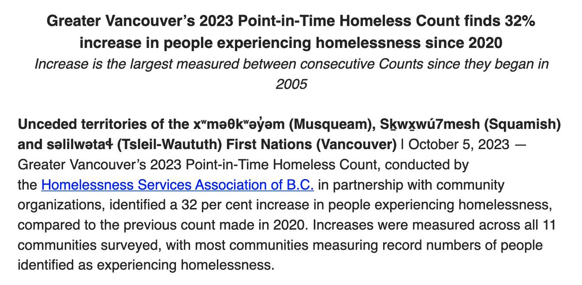 JenStDen's tweet photo. This morning the Greater Vancouver homeless count for 2023 was released - and the survey shows a huge increase in homelessness, up 32% from 2020. https://t.co/CsnWilsoe6