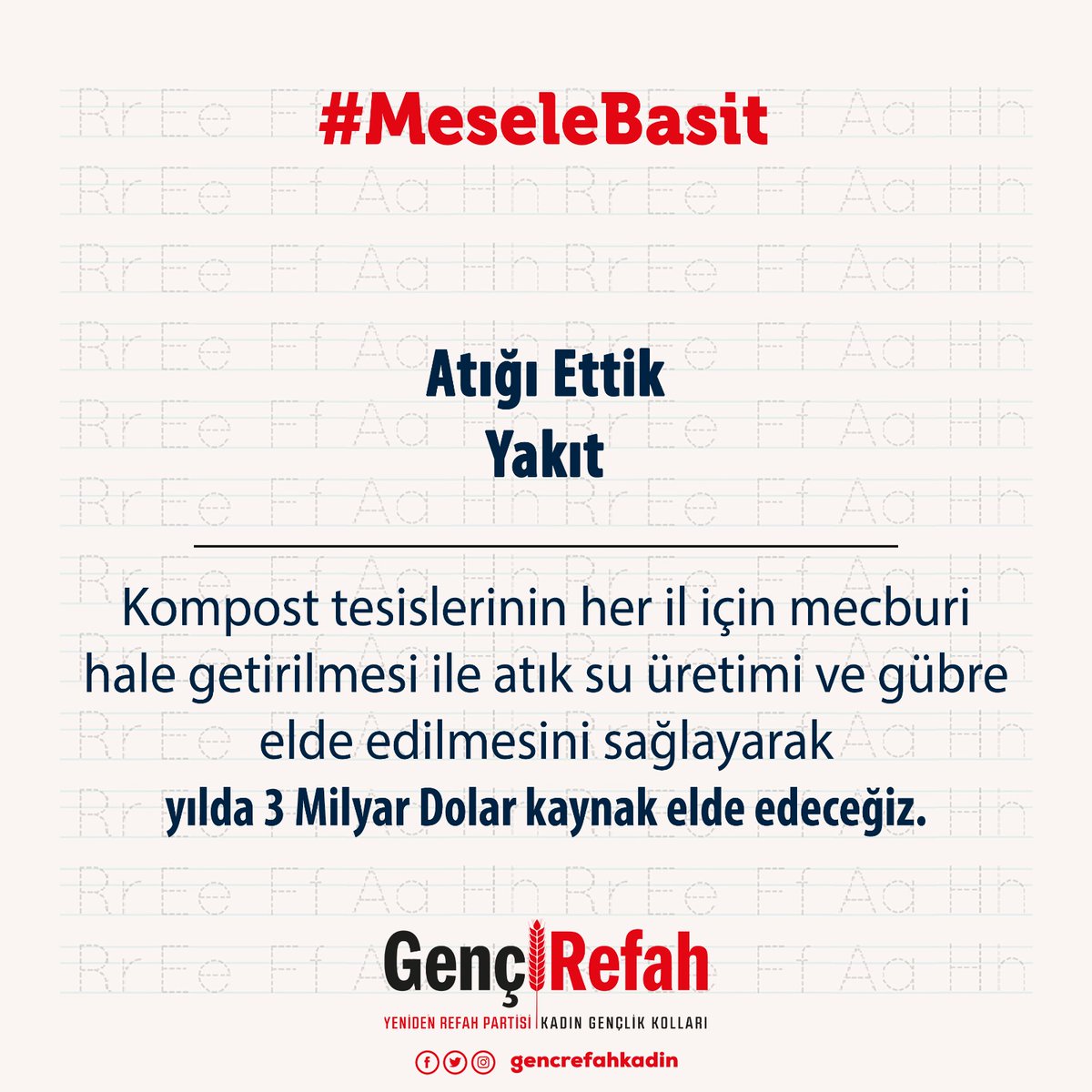 #MeseleBasit Kompost tesislerinin her il için mecburi hale getirilmesi ile atık su üretimi ve gübre elde edilmesini sağlayarak yılda 3 Milyar Dolar kaynak elde edeceğiz.

FatihErbakan