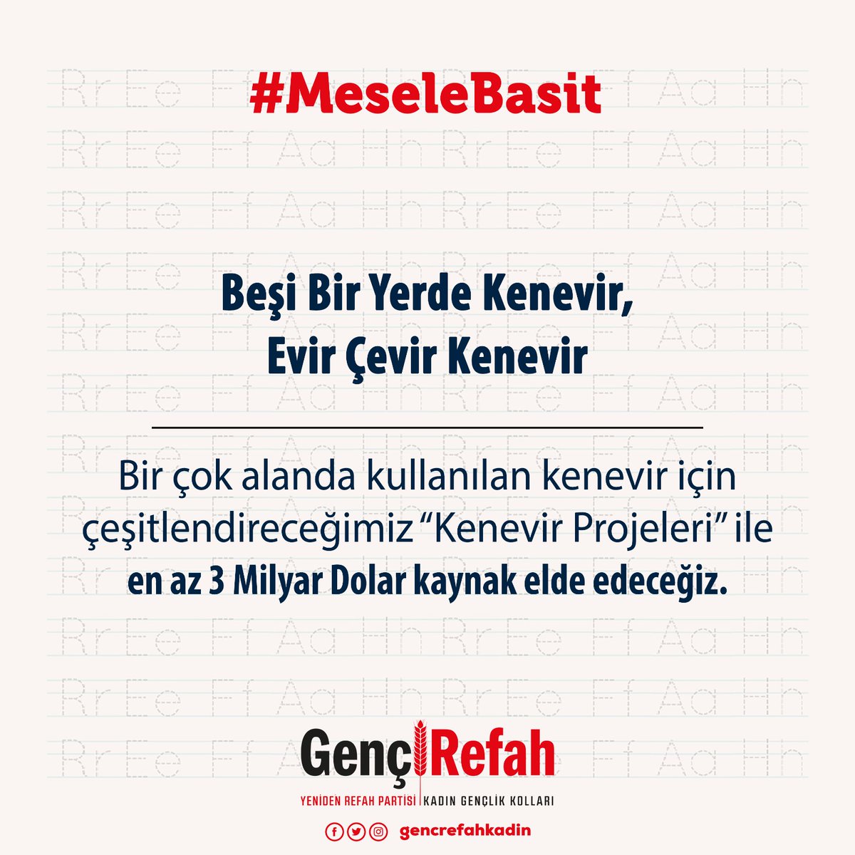 #MeseleBasit Plastik üretiminden biyo-yakıta, ilaç sektöründen kurşun geçirmez yeleklere, kağıt üretiminden kozmetiğe bir çok alanda kullanılan kenevir için çeşitlendireceğimiz 'Kenevir Projeleri' ile en az 3 milyar dolar kaynak elde edeceğiz.

FatihErbakan