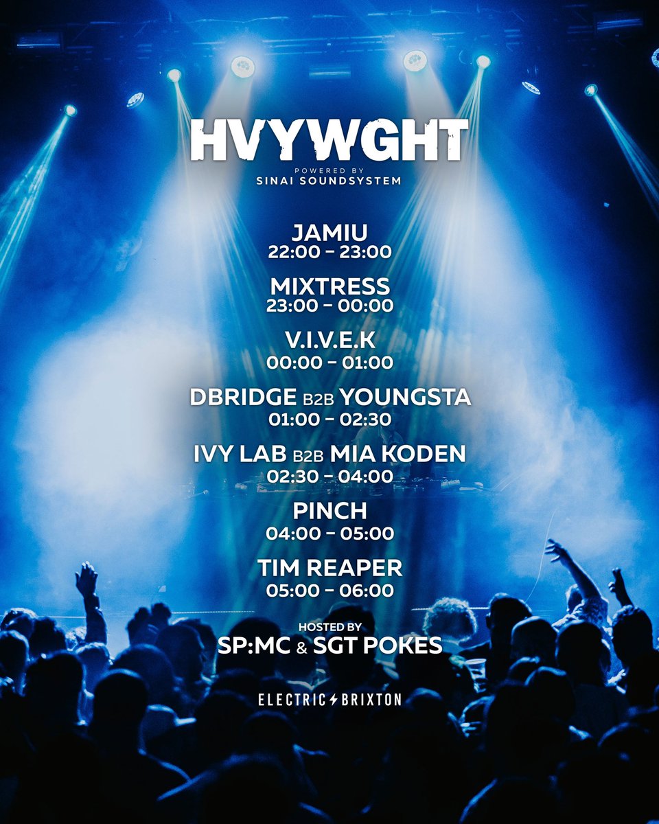 HVYWGHT LDN (@hvywghtldn) on Twitter photo It’s going to be emotional.
Brixton - see you tomorrow. We are all set for another roadblock in SW2.
<a href="/dBridge/">dBridge (Black Electric)</a>
<a href="/DJYoungsta/">DJ Youngsta</a>
<a href="/IvyLab_/">Ivy Lab</a>
<a href="/TectonicPinch/">PINCH</a>
+ more
Final tickets - ra.co/events/1706299 It’s going to be emotional.
Brixton - see you tomorrow. We are all set for another roadblock in SW2.
<a href="/dBridge/">dBridge (Black Electric)</a>
<a href="/DJYoungsta/">DJ Youngsta</a>
<a href="/IvyLab_/">Ivy Lab</a>
<a href="/TectonicPinch/">PINCH</a>
+ more
Final tickets - ra.co/events/1706299
