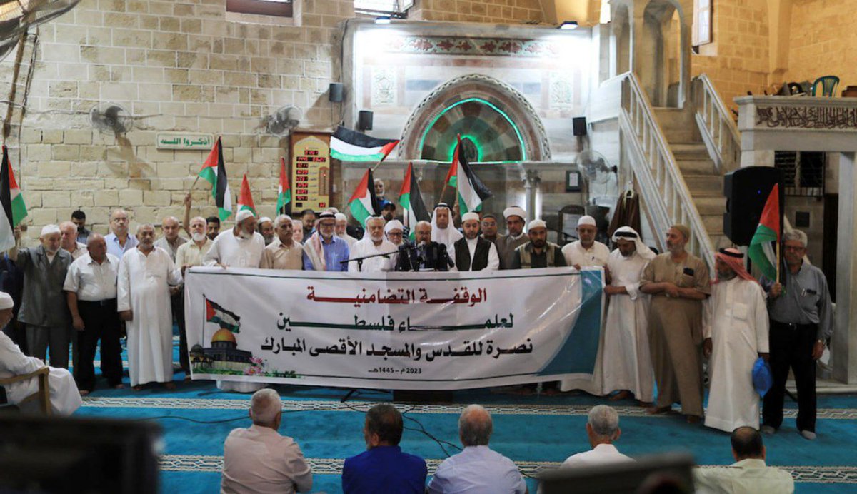 United4Pal's tweet photo. Photos|| The Palestine Scholars Association organized today a rally in the Great Omari mosque in Gaza, to express anger at the Zionist violations committed by the Israeli occupation forces and officials, and the ongoing incursions, and desecrations in Jerusalem and Al-Aqsa. https://t.co/E4yy2VN223
