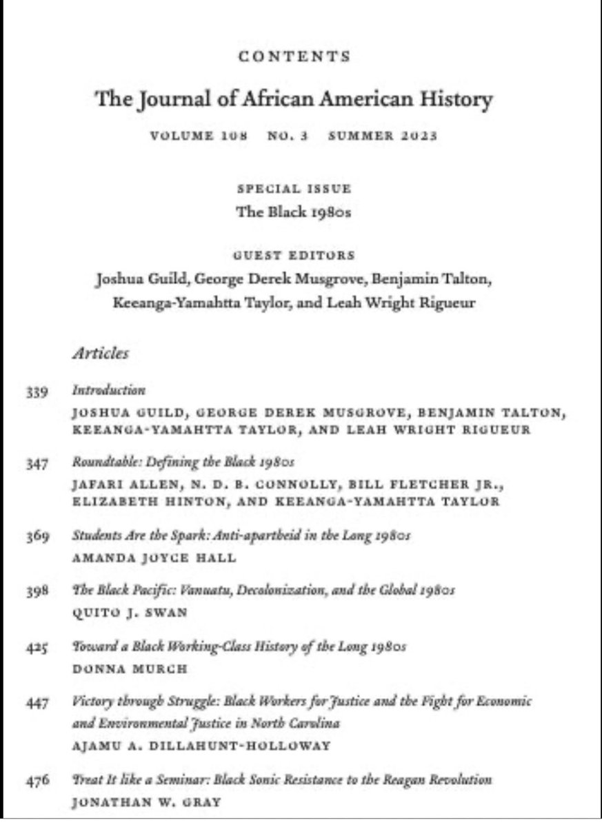 JAAHistory's tweet photo. Check out our latest: The Black 1980s! Thank you to Special Guest Editors: George Derek Musgrove, Joshua Guild, Benjamin Talton, Keeanga-Yamahtta Taylor, &amp; Leah Rigueur. #JAAHistory Volume 108. No. 3. Summer 2003 https://t.co/EaLwOiXrhl