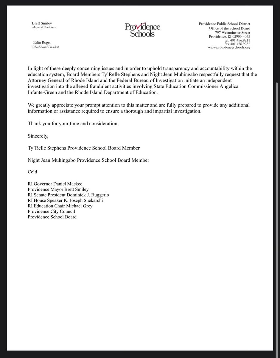 PPSDTruthTeller's tweet photo. Two members of the Providence School Board are calling on the Attorney General's office and the Federal Bureau of Investigation (FBI) to investigate the recent award of a $72 million contract by the Providence Public School Department (PPSD). https://t.co/u2r6RWtGVy