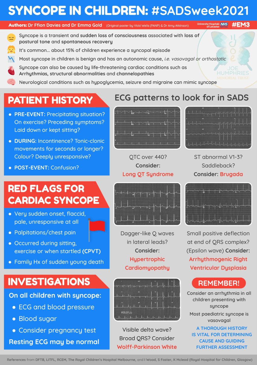 Sudden Arrhythmic Death Syndrome (SADS) may also be the cause for more common syncopal episodes in children. Here's our poster on what to know before, during and after an event 🤔 RED FLAGS for cardiac syncope 🚩 and Investigations you might want to run 🔍 #SADSweek2023