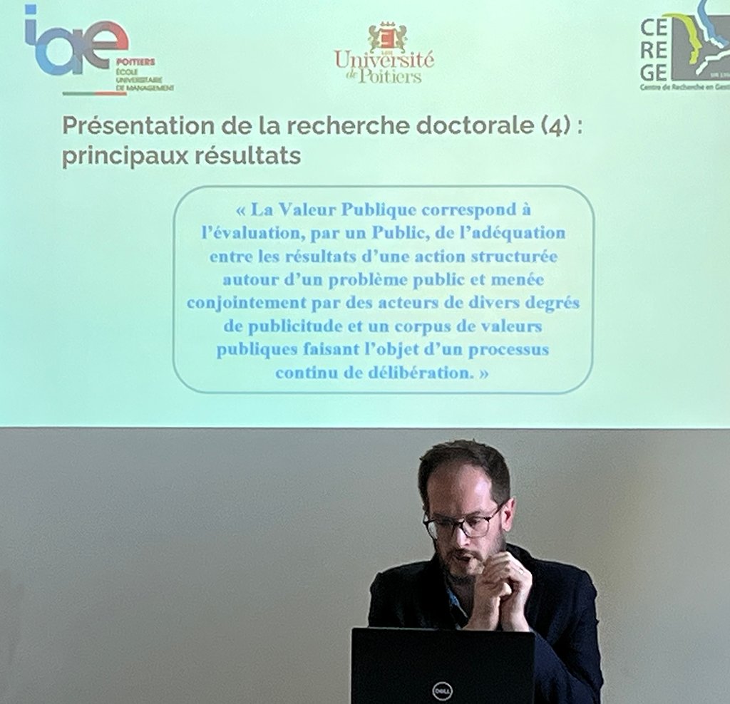 Poursuite des présentations de nouveaux enseignants-chercheurs, anciens doctorants du laboratoire #CEREGE : Bruno Féral présente «Le rôle des conflits de valeurs dans les relations entre organisations publiques et associations : Une approche par la théorie de la valeur publique»