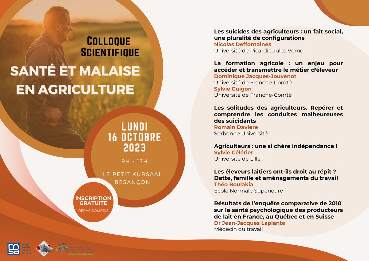 AseptFCB's tweet photo. 📢 Derniers jours pour s'inscrire au colloque "Santé et malaise en agriculture" :
https://t.co/a5nFUvKa1l

🎙️ Retrouvez l'interview par @lebimsa de Dominique Jacques-Jouvenot, co-coordinatrice d'une étude sociologique sur les motifs du suicide en élevage :
https://t.co/78yqB4dZqe https://t.co/BifFF2gvwc