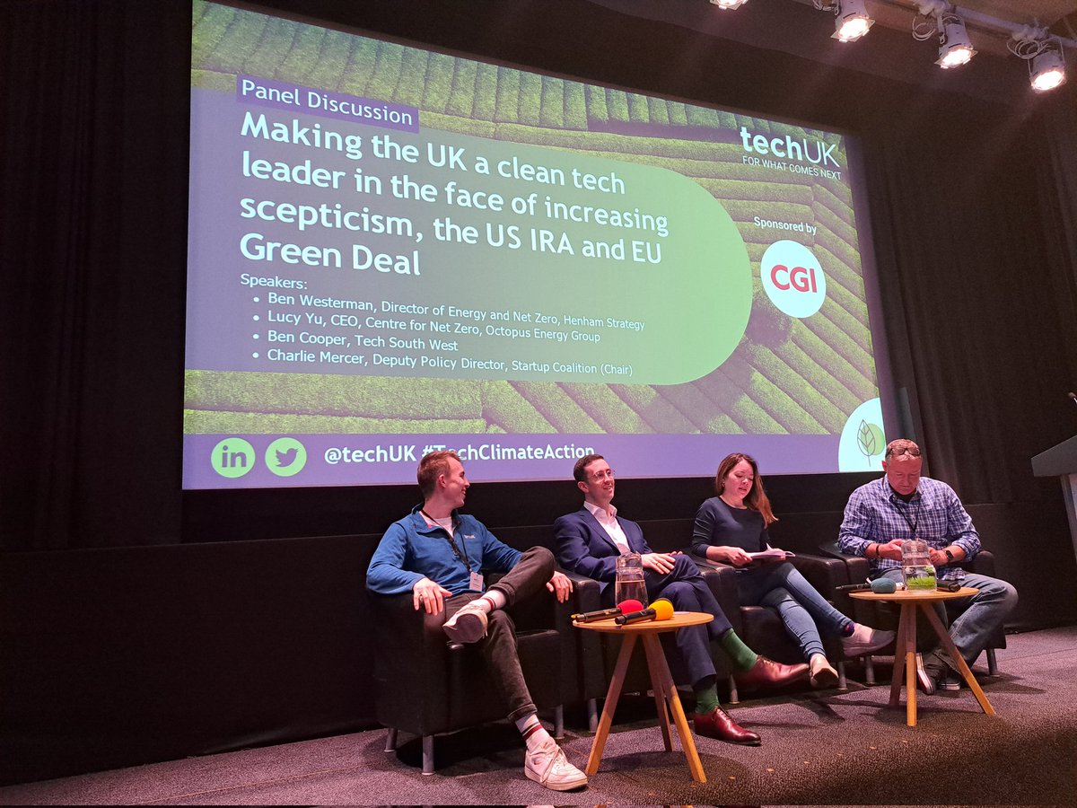 techUK's tweet photo. Our next discussion starting now on how we can position the UK as a #CleanTech leader despite growing scepticism with @charlie_mercer @StartupCltn Henham Strategy @OctopusEnergy @CentreNetZero @TechSWofficial . #TechClimateAction https://t.co/TQwwjXXe2A