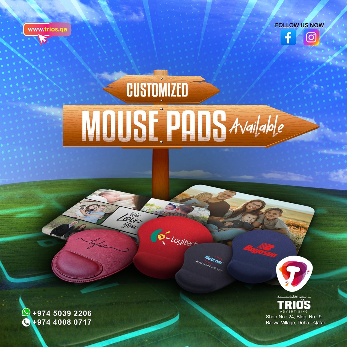 TriosAdver83576's tweet image. Personalize your workspace with Trios Advertising' custom mouse pads in Qatar. Elevate your brand with vibrant advertising printing.

.
#qatarlifestyle #customizeditems #mousepads #triosads #triosadvertising #الدوحة #advertising #اعلان #trending2023