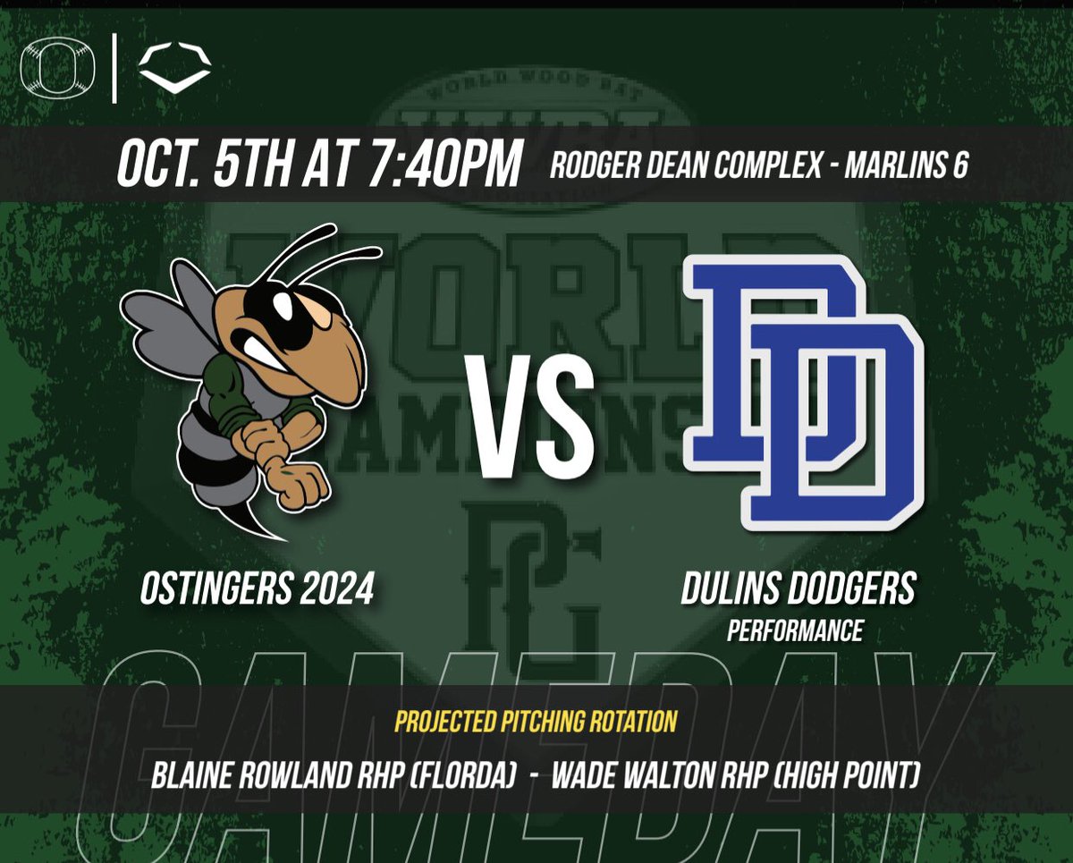 🌎🏆GAMEDAY🏆🌎

🟢Ostingers vs 
🔵Dodgers 

⬇️ Pitching Rotation ⬇️
🐝 Blaine Rowland•RHP
🐝 Wade Walton•RHP 

📆 Oct. 5th • 7:40pm
📍 Rodger Dean Complex 
📍 Marlins 6 Field 

WWBA World Championship | Jupiter 
🌎🏆

#PoweroftheO | #PinstoWin
#wwbaworlds
