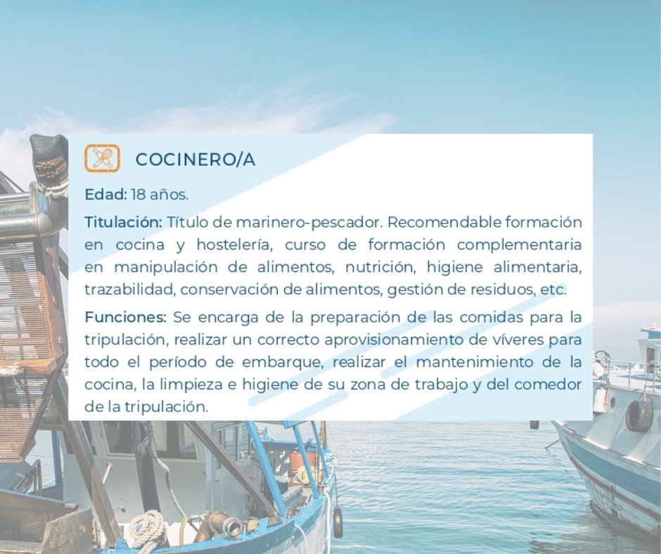 haztedelmar's tweet photo. ¿Sabes cuáles son los requisitos  para llegar a ser cocinero de un buque #pesquero? ¡Anota! 👇🏻

(Acción patrocinada por Xunta de Galicia y el #FEMPA)

#OPPF4 #Pesca #Formación #Empleo https://t.co/SP1qwWYjxX