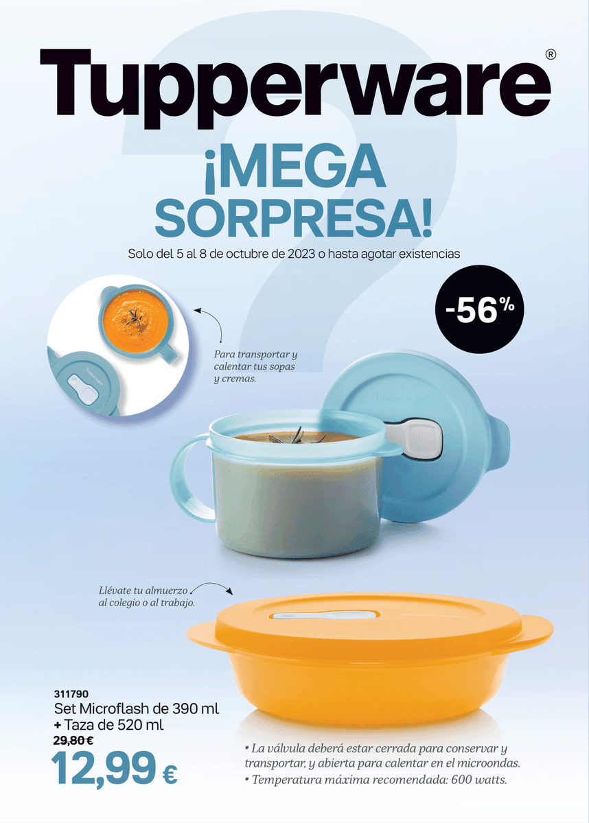 tupperwarealdia's tweet image. ¡Mega Sorpresa!
Para el almuerzo o el trabajo.
Lleva tu sopa o comida para calentar directamente en el microondas.
Solo tienes que abrir la válvula.

Una super ofertaza que estará hasta el día 8 de Octubre 2023 o agotar existencias. 

#tupperware #microflash