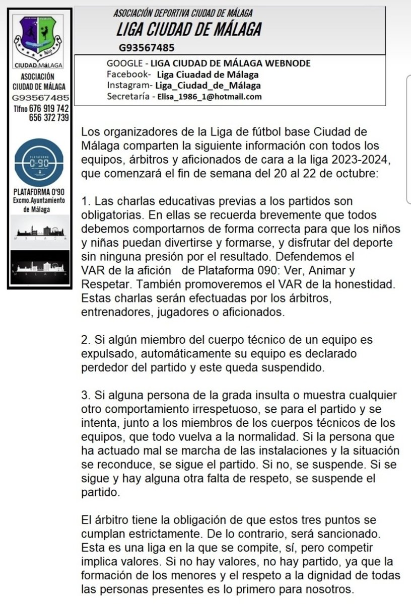 ArbitrodelaPaz's tweet photo. La liga de fútbol base Ciudad de Málaga anuncia algunas medidas para esta temporada:
1. Si un técnico es expulsado, el partido se suspende y su equipo pierde.
2. Al segundo insulto de la grada, suspensión.
3. Charlas educativas antes de cada partido.

Deporte y educación.
1/2. https://t.co/uUuoX2W9Mi