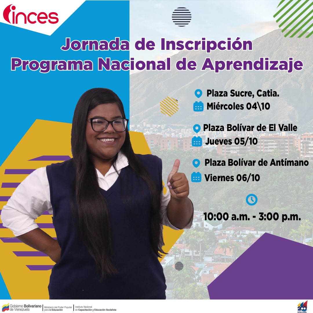 YVKE_Mundial's tweet image. Si tienes entre 14 y 18 años de edad, y quieres inscribirte en el Programa Nacional de Aprendizaje, esta es tu oportunidad. 

Hoy #5Oct en la plaza Bolivar del el Valle.

Y mañana #6Oct en la plaza Bolívar de Antímano. No te quedes sin inscribirte.

#SomosMayoriaDePaz