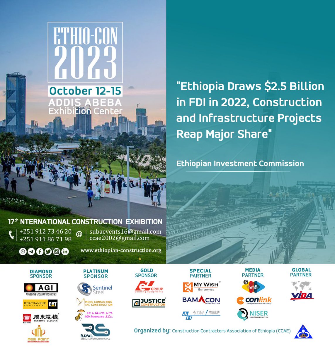 ethio_con's tweet photo. "Ethiopia Draws $2.5 Billion in FDI in 2022, Construction &amp; Infrastructure Projects Reap Major Share"

Ethiopian Investment Commission.
¯
Visit Ethio-Con 2023 &amp; witness the Opportunity &amp; Growth of Ethiopian Construction Industry at Addis Abeba Exhibition Center, Oct 12-15/2023. https://t.co/OXgEqh7cTR
