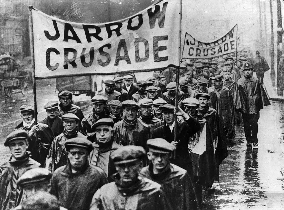 #OnThisDay 1936: the Jarrow Crusade begins. 200 men from Jarrow set out on a 300-mile journey to Parliament to request the re-establishment of industry in the town following the closure of its main employer, Palmer’s shipyard, which had left 10,000 people out of work.