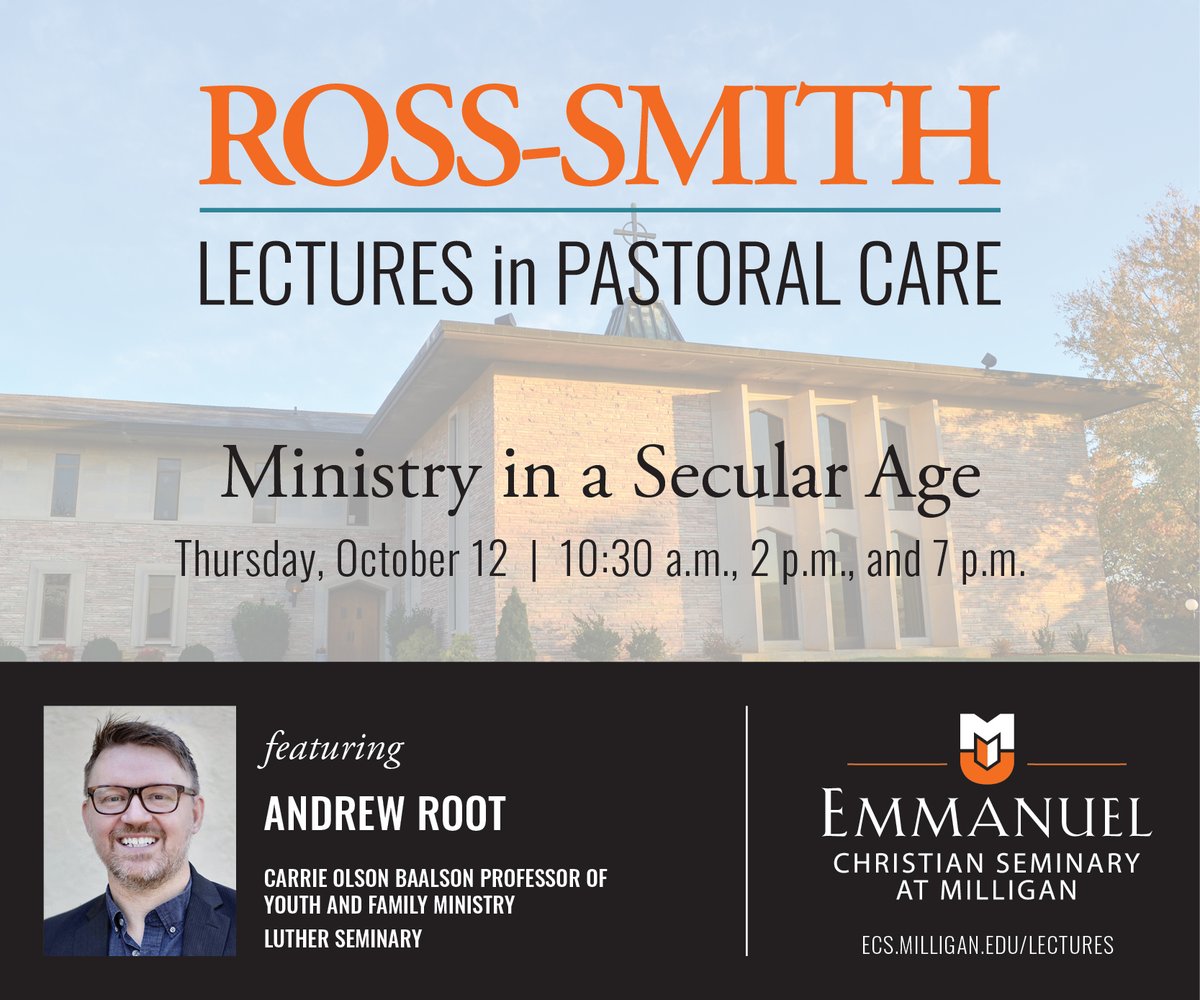 ECSatMilligan's tweet photo. 🗓️Mark your calendar for the upcoming Ross-Smith Lectures in Pastoral Care on October 12th!

Dr. Andrew Root will discuss the changes and challenges facing the Church and the Pastor. More information about each session can be found at https://t.co/HmxtbpfTPu. https://t.co/VqkCxt5b4i